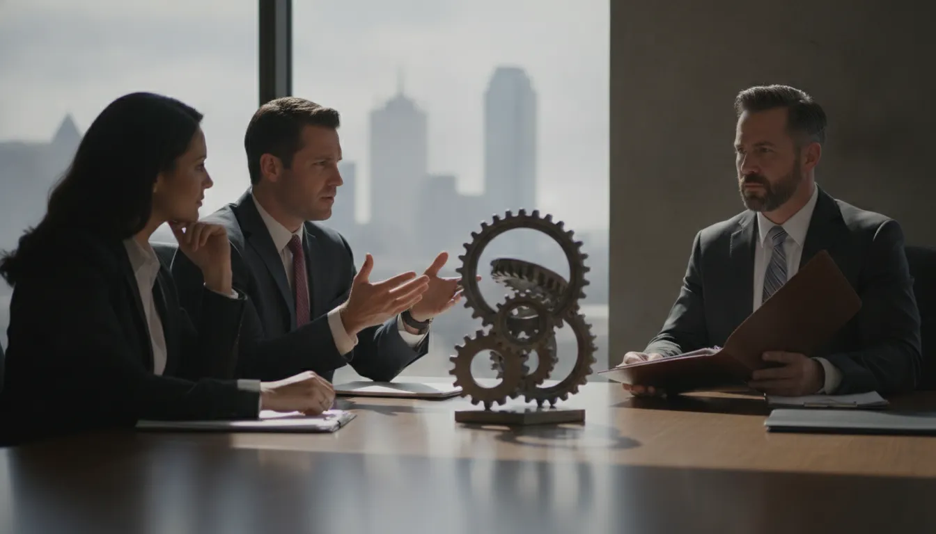 Business owners and a commercial breach of contract attorney reviewing dispute evidence