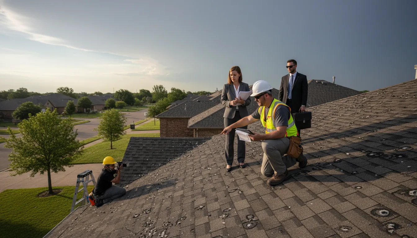 Inspector documenting roof damage after a hail damage insurance claim was denied