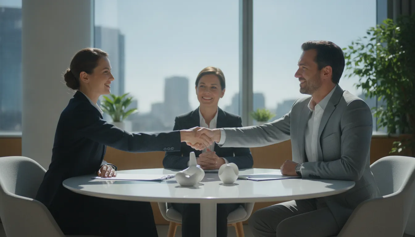 Business owner and mediator discussing a business dispute resolution at a conference table