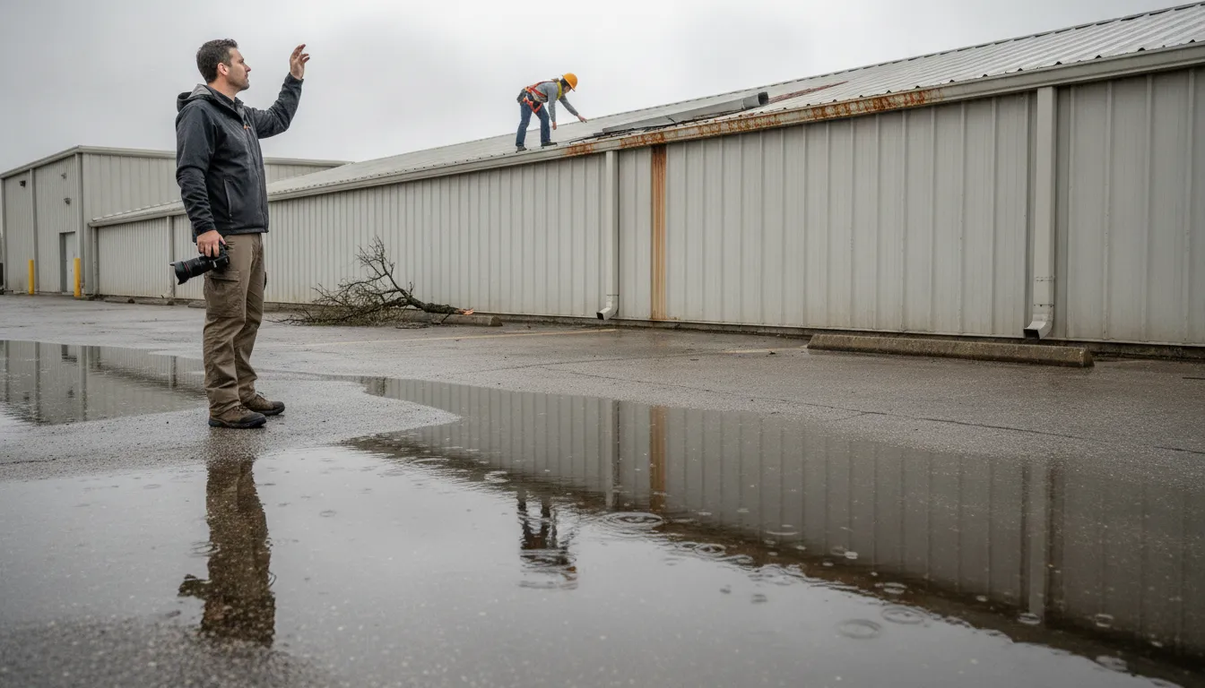 Commercial roof damage documentation from a safe ground-level inspection