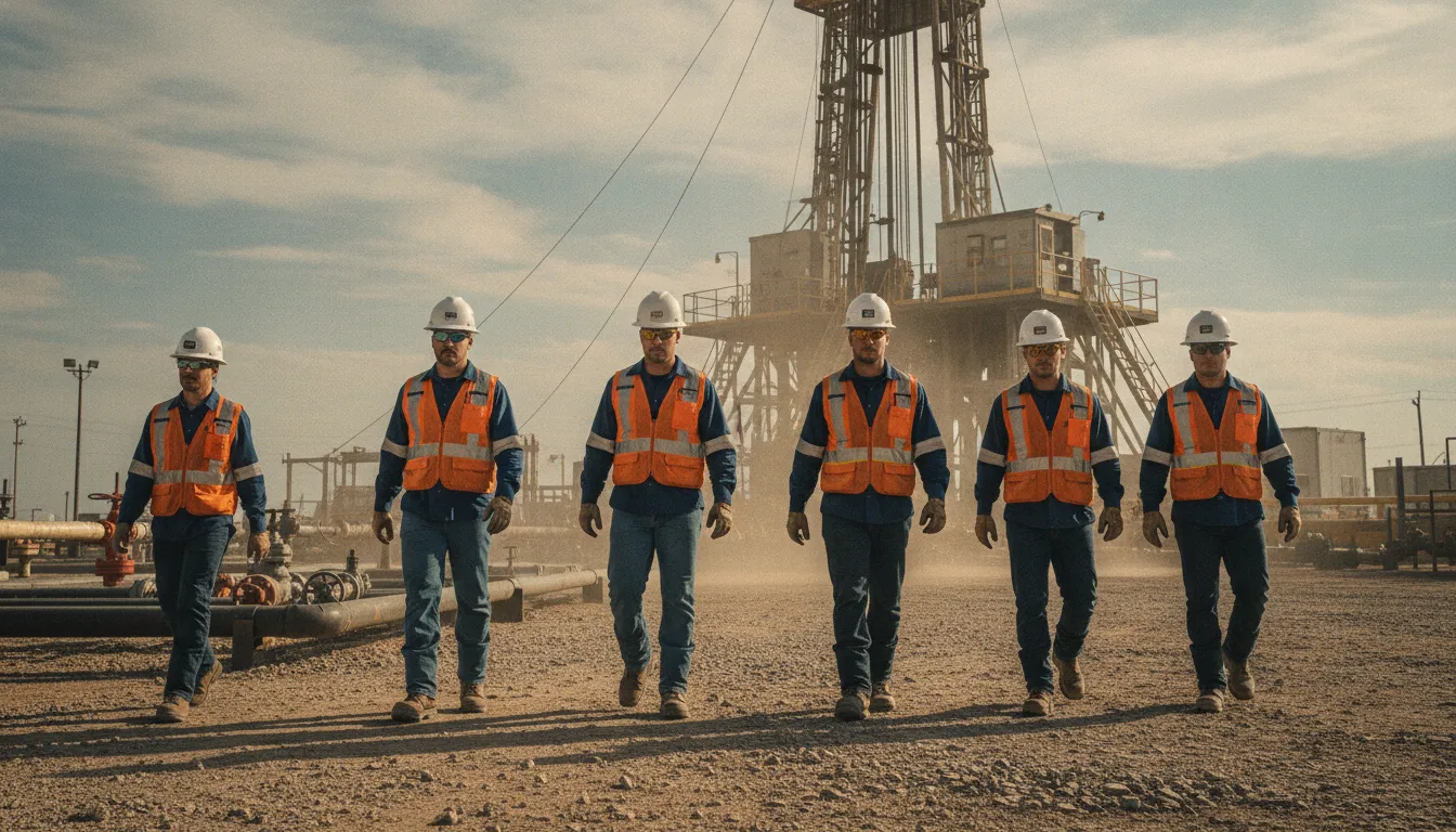 Texas oilfield workers in hard hats walking across a drilling rig site