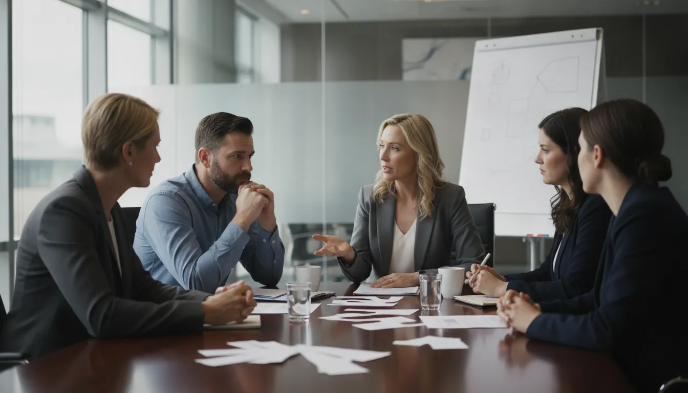 Texas business attorneys and owners reviewing a contract dispute strategy across a conference table