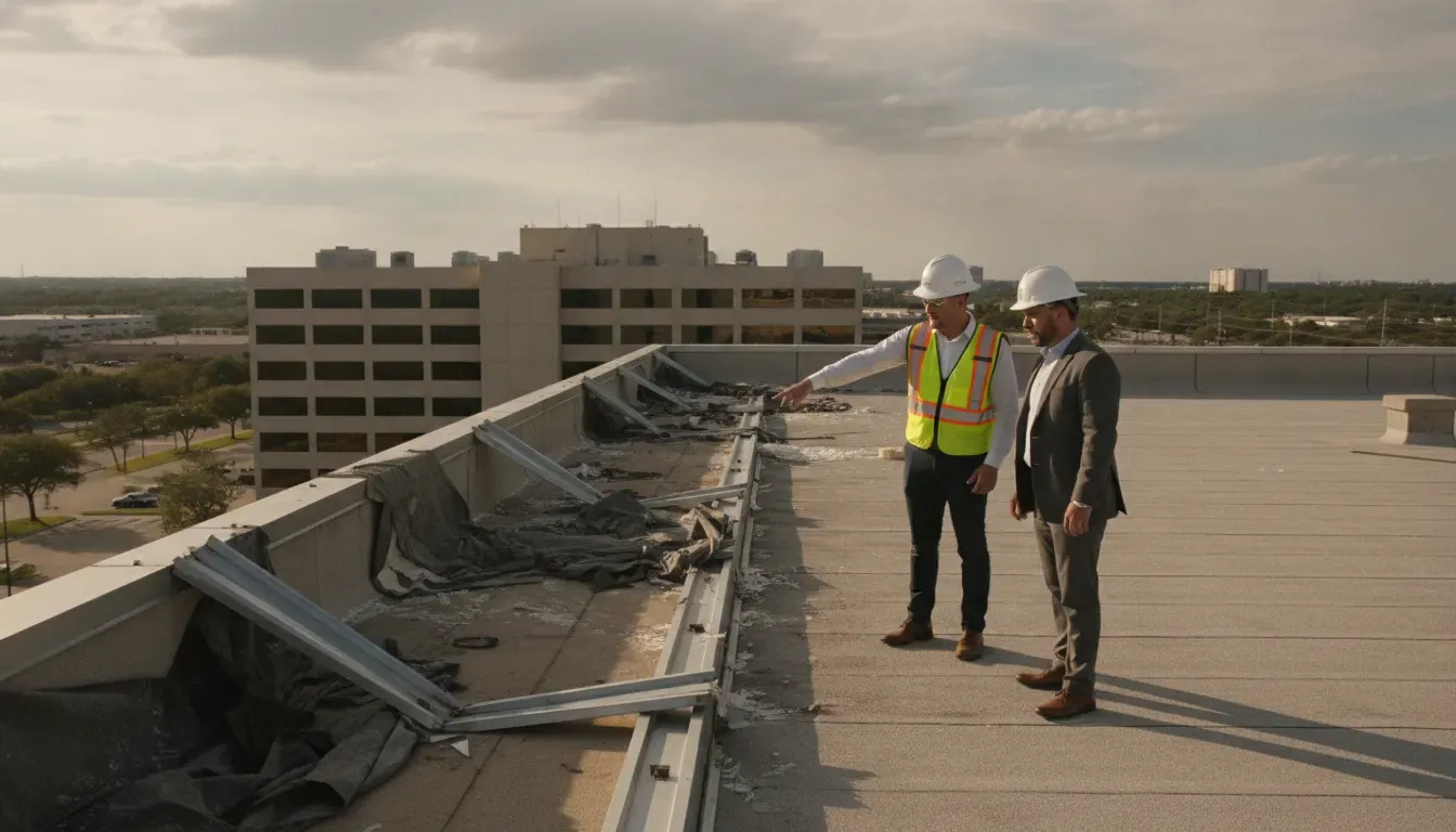 Commercial property owner and restoration professional inspecting storm damage in Texas