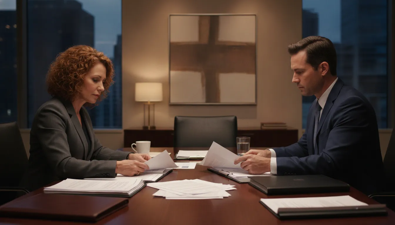 Business partners reviewing preserved partnership records and financial documents