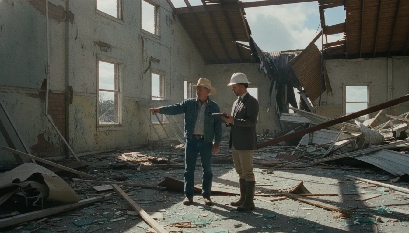 Texas property owner and attorney inspecting damage for a delayed insurance claim