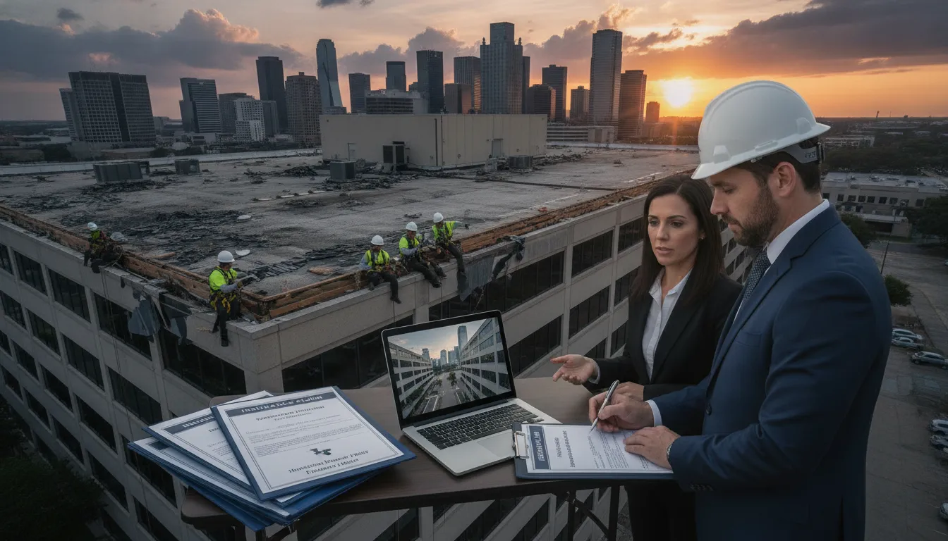 Texas commercial property with storm damage showing roof inspection and insurance assessment process