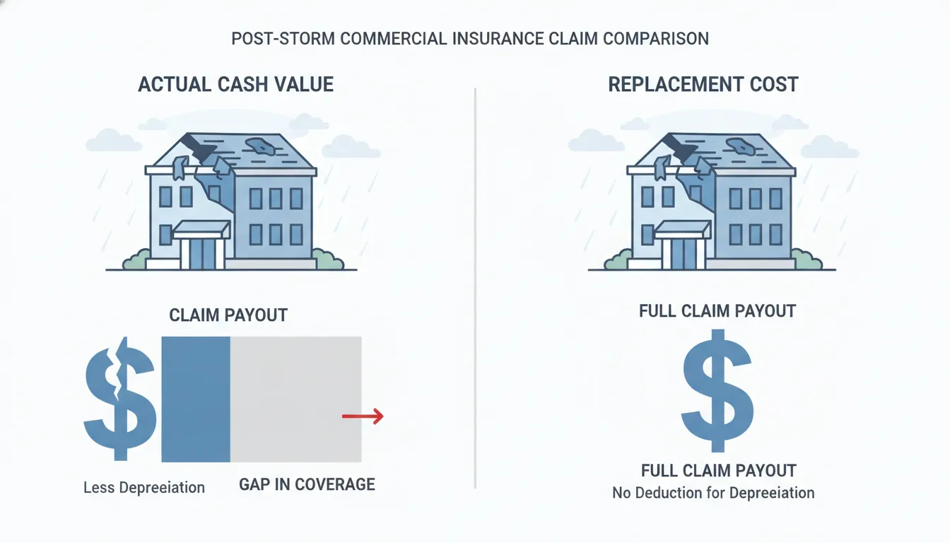Comparison chart showing ACV vs RCV payout differences for Texas commercial property insurance claims
