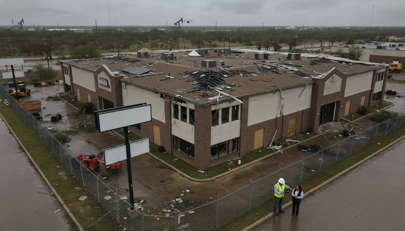 Commercial property owner and inspector documenting storm damage