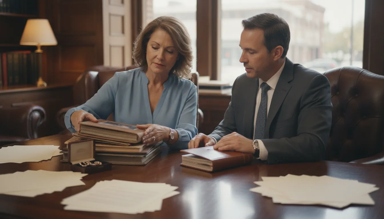 Family member organizing nursing home care records with an attorney