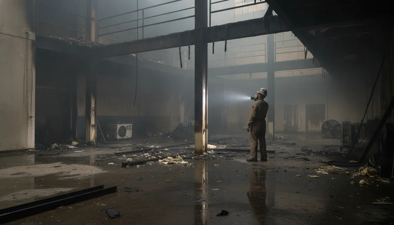 Inspection of smoke and water damage inside a commercial building after a fire