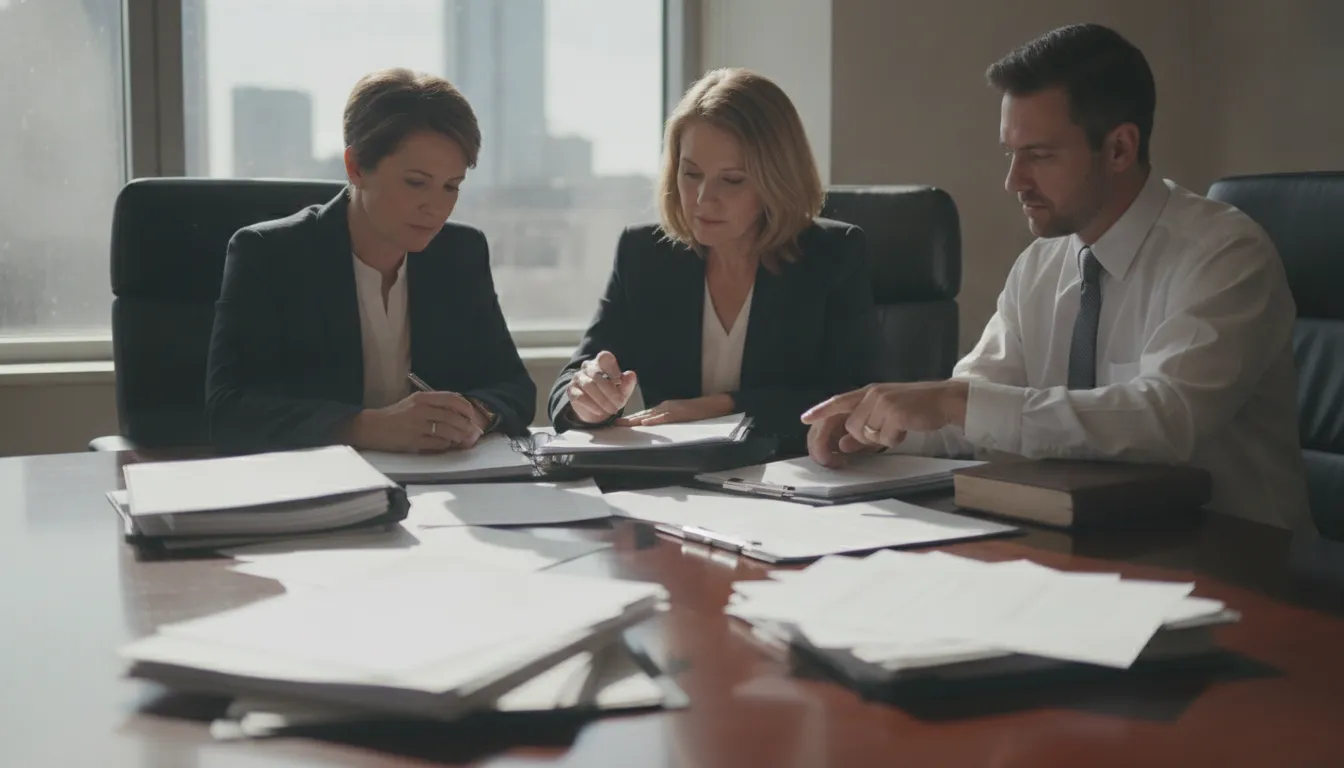 Business leaders reviewing corporate governance and financial records at a conference table