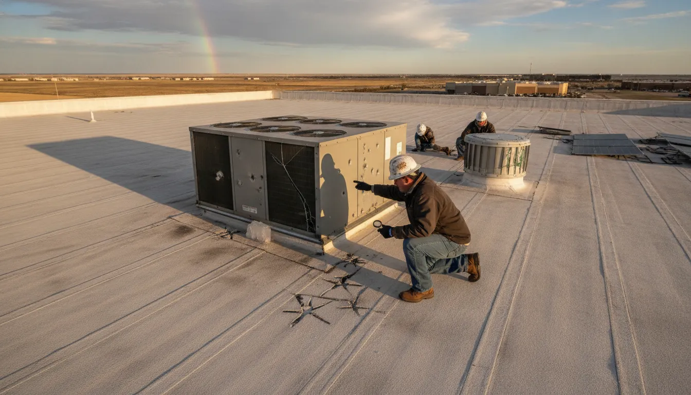 Professional inspecting commercial roof hail damage for an insurance claim