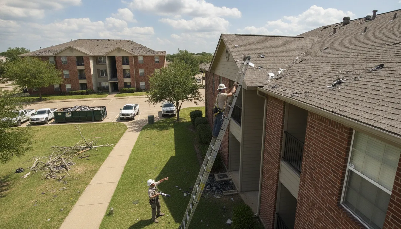 Professional inspecting storm damage at a Texas apartment complex