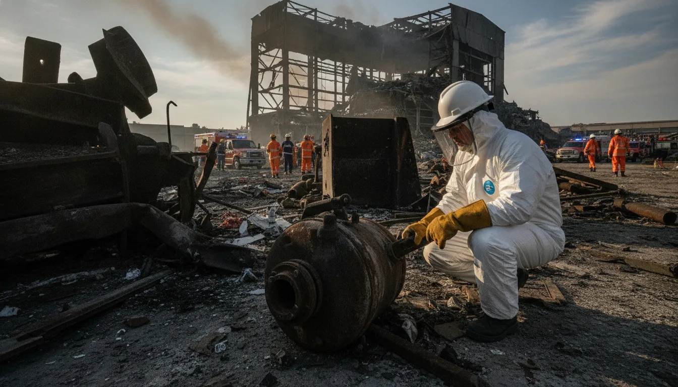 Workplace explosion injury attorney examining damaged industrial equipment