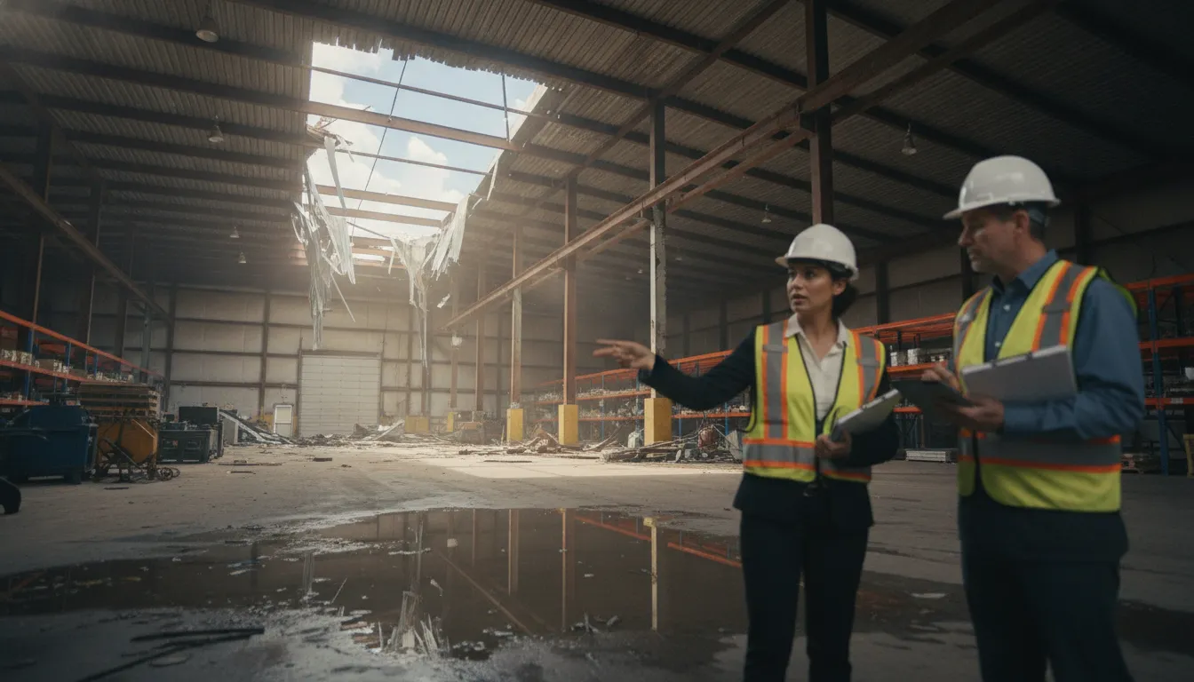 Texas commercial property owner inspecting storm damage with an insurance professional