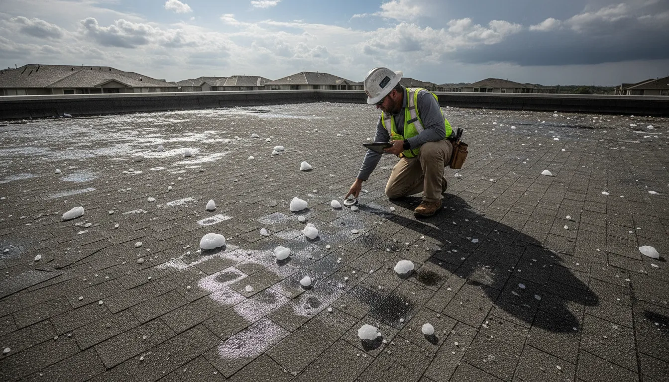 Inspector reviewing hail damage on an apartment complex roof