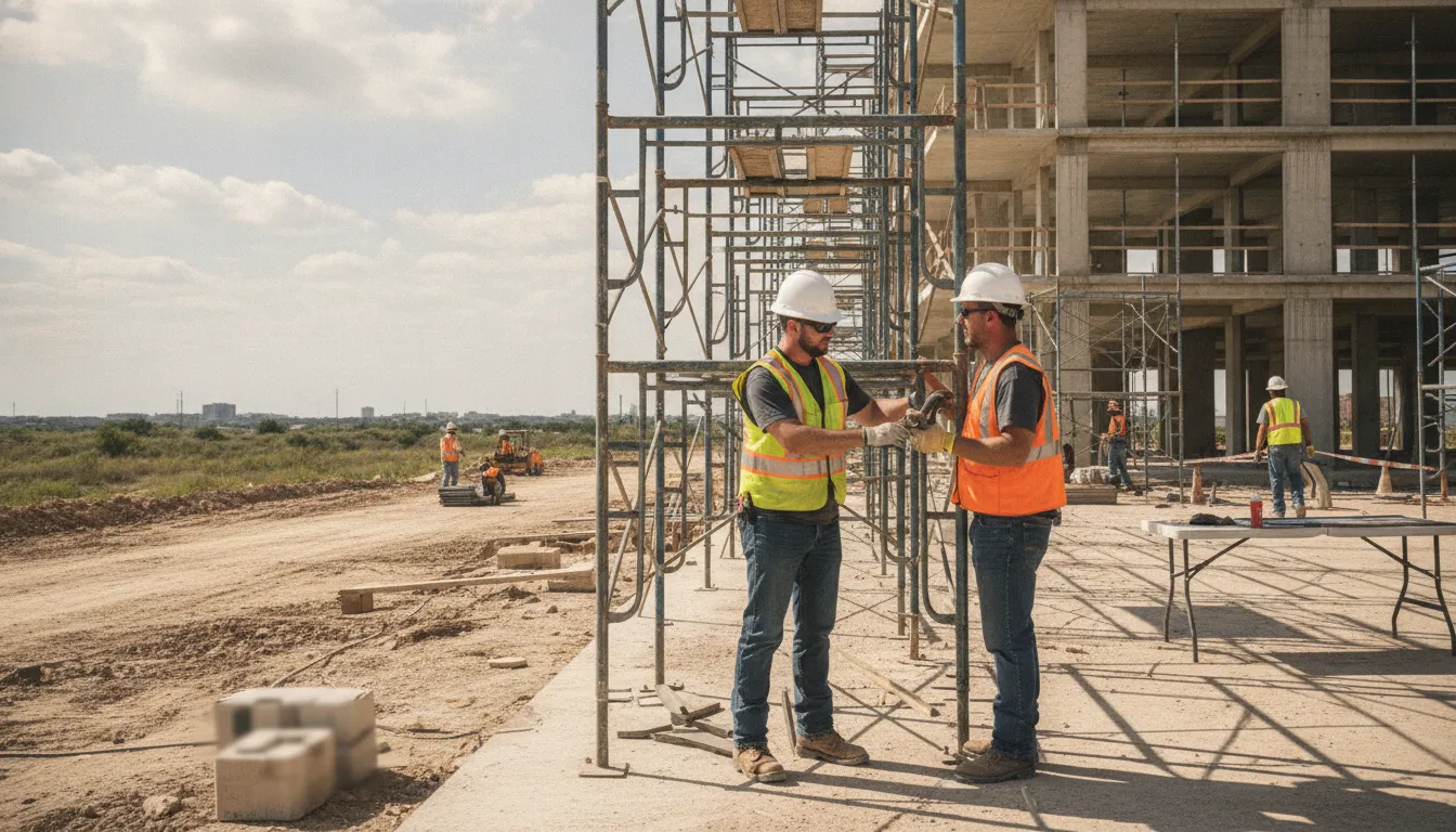Construction worker reviewing scaffolding safety at a Texas worksite