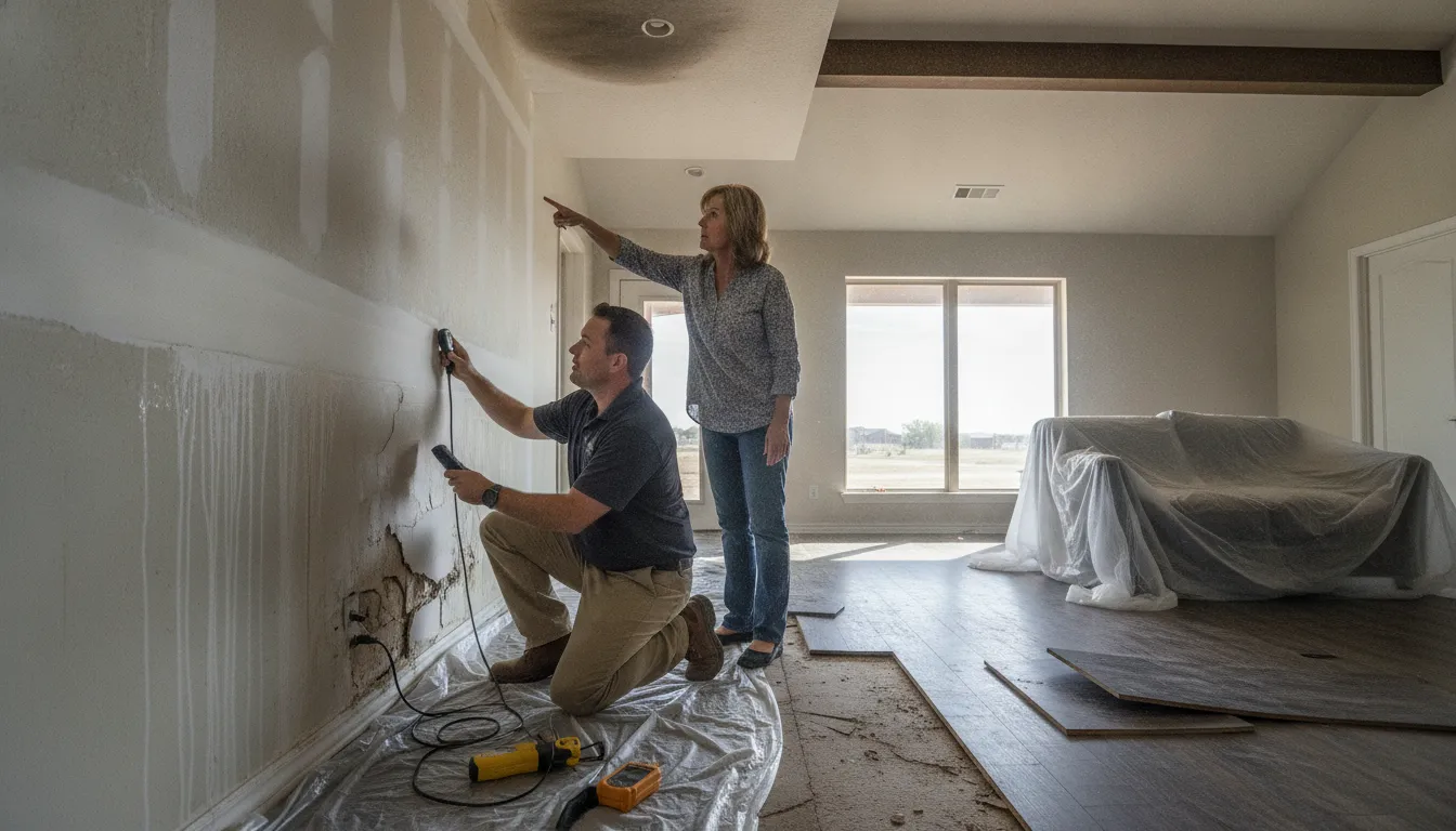 Property owner reviewing documented water damage with an inspection professional