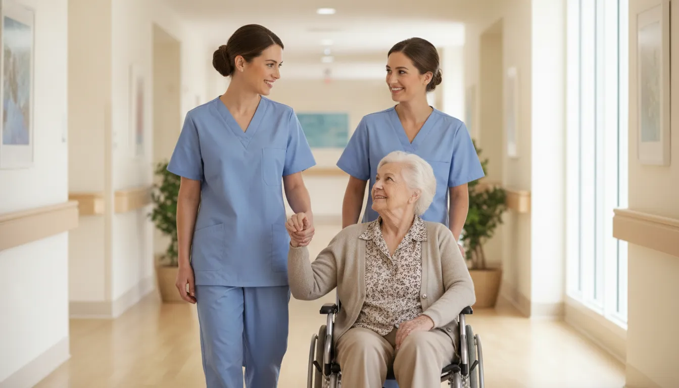 Two caregivers gently walking with an elderly woman in a wheelchair through a bright assisted-living hallway