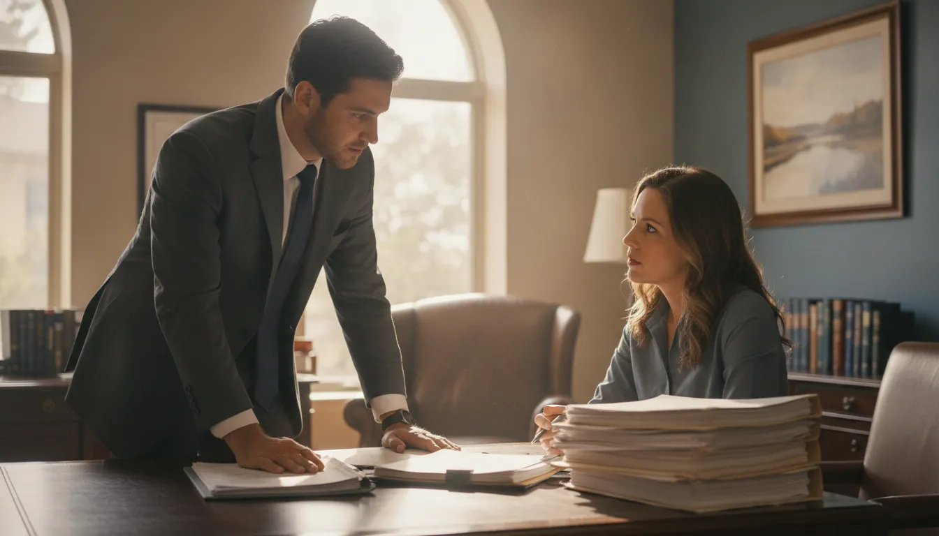 Personal injury attorney reviewing accident documents with a client in a Fort Worth law office