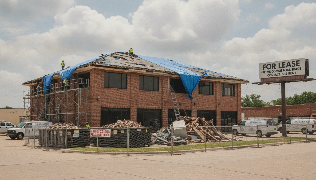 Commercial rental property in Texas undergoing water damage repairs after a storm