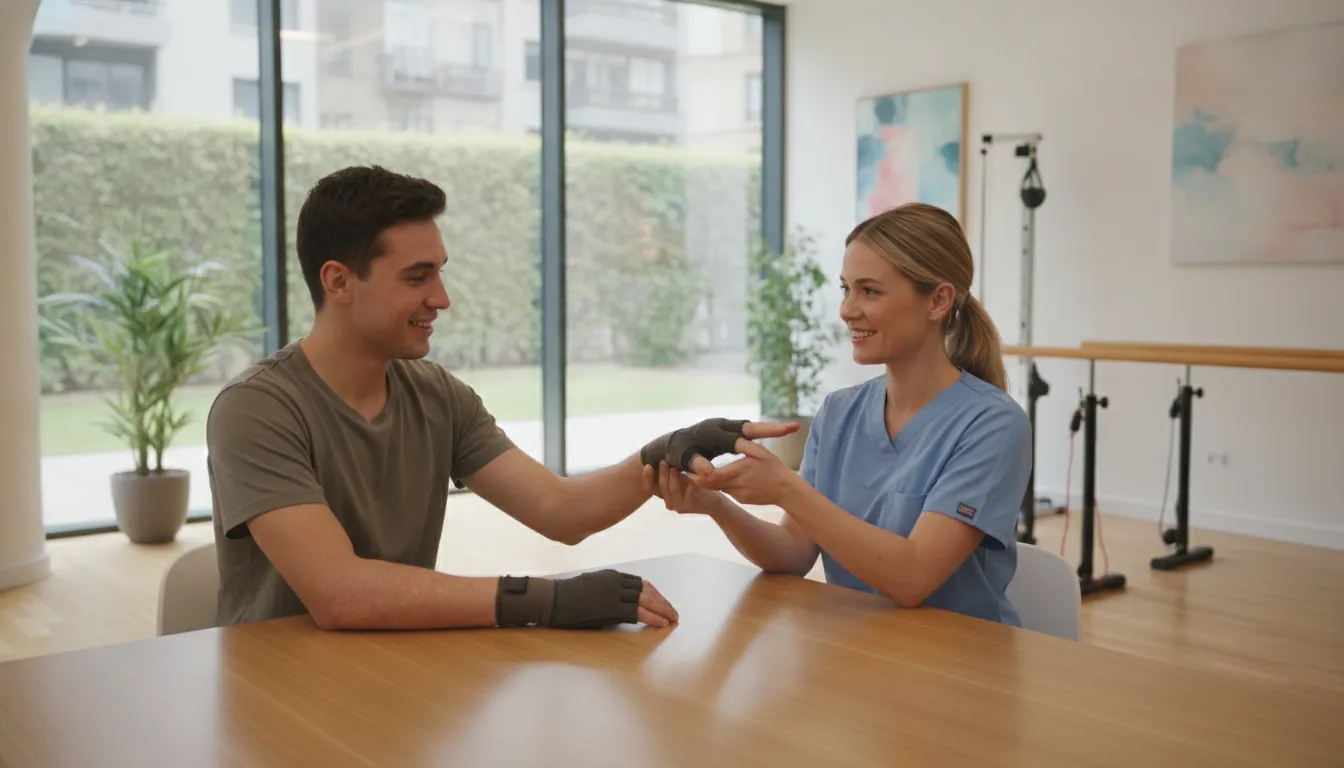 Physical therapist helping a burn recovery patient with hand rehabilitation exercises