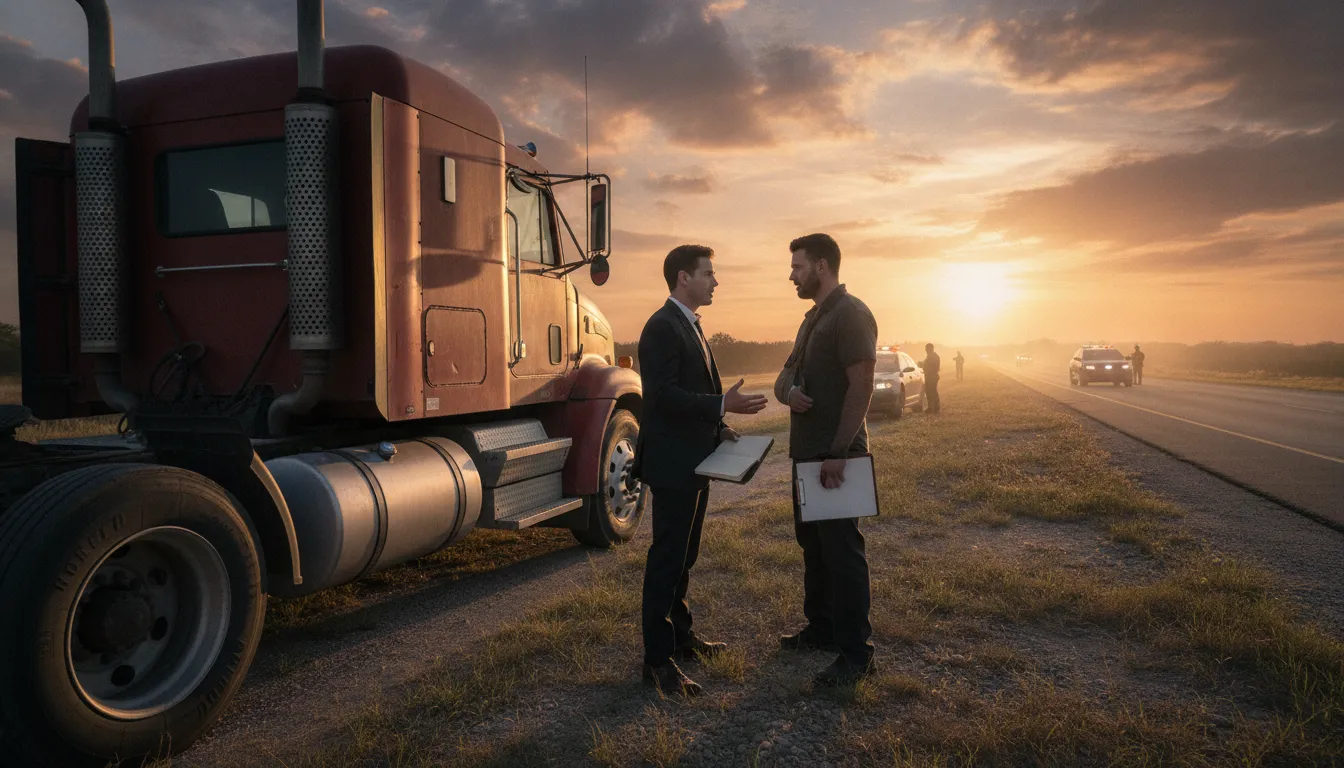 Attorney standing beside a commercial semi-truck on a Texas highway speaking with an injured driver