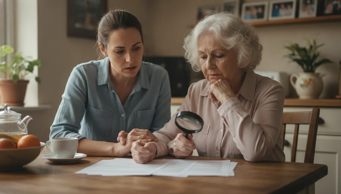 A family reviewing financial records together to spot warning signs of elder financial exploitation