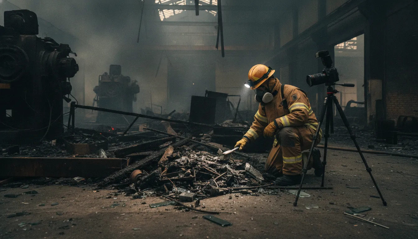 Fire investigator documenting evidence at the scene of an industrial structure fire