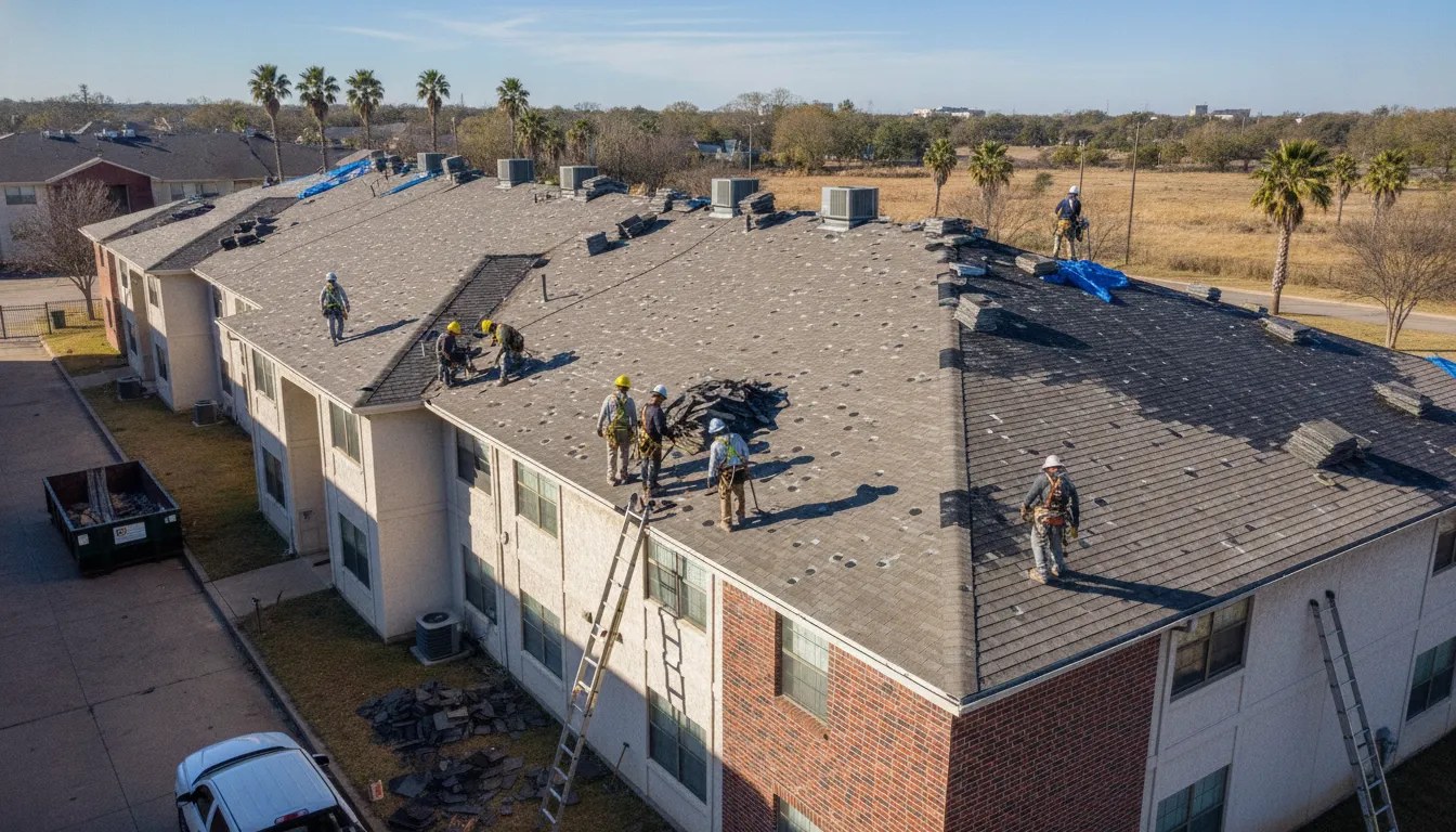 Texas commercial apartment building with active roof repairs following hail damage