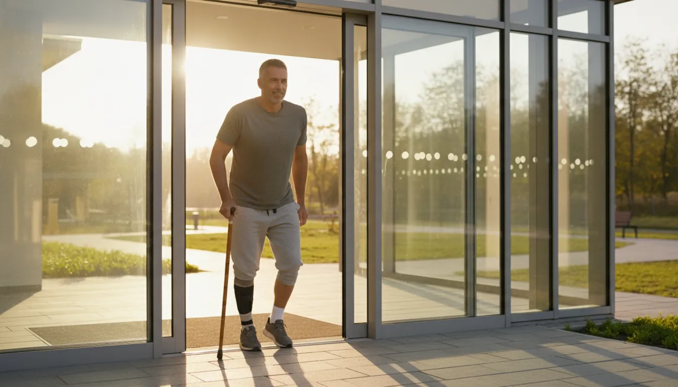 Injured accident victim walking toward recovery outside a rehabilitation center