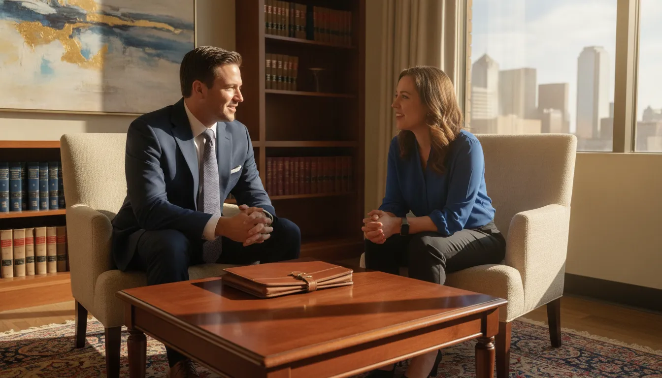 Texas attorney in a suit discussing a case with a client in a bright law office
