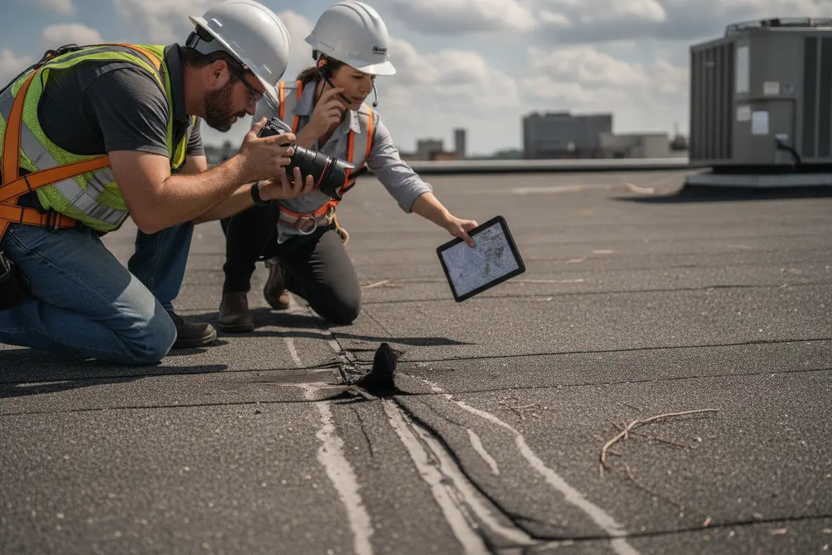 Inspector photographing a damaged seam on a commercial roof
