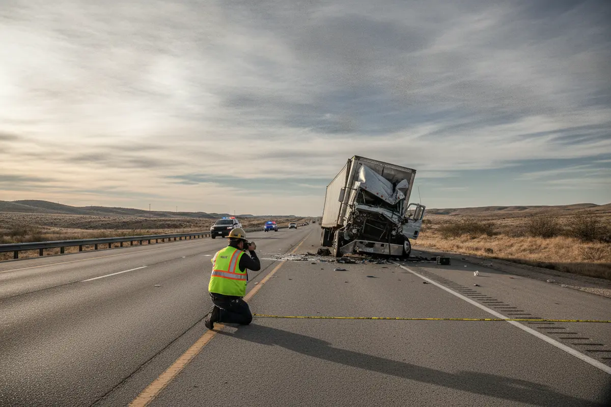 Investigator documenting truck damage and roadway evidence after a Texas highway collision