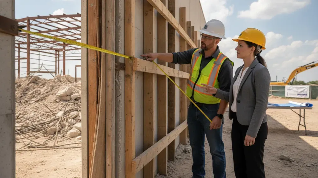 Texas building inspector and property owner documenting code-required repairs after property damage