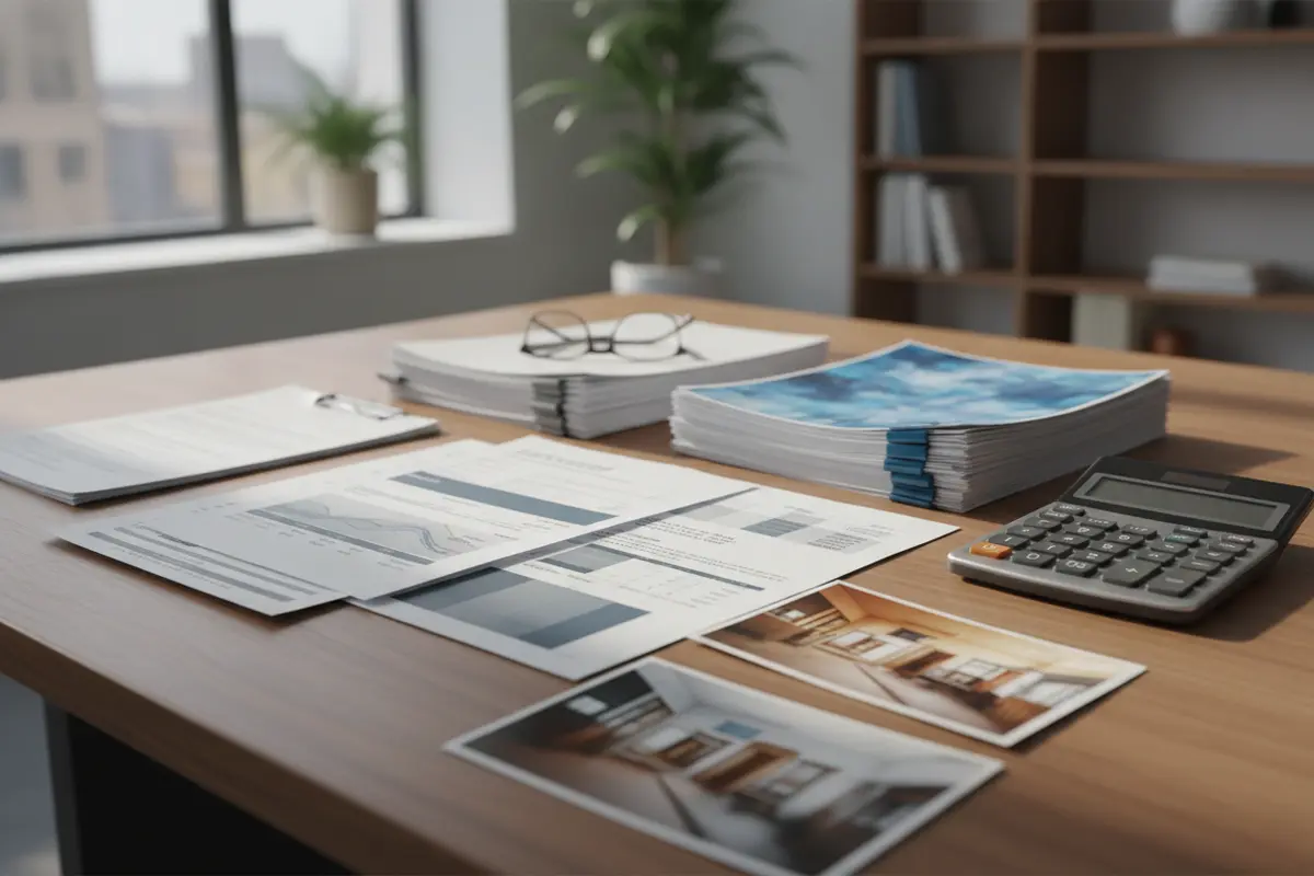 Organized commercial property insurance claim file with photographs, estimates, and policy documents