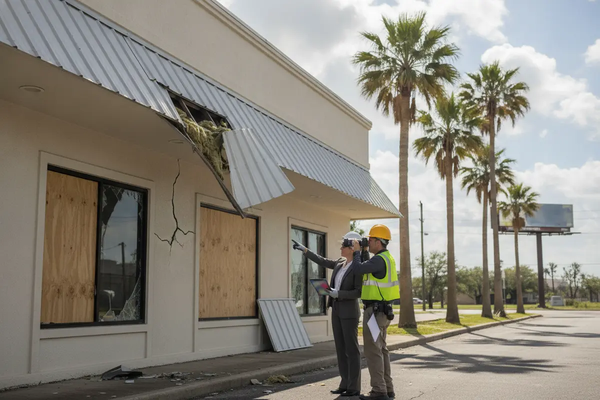 Owner and building professional documenting storm damage at a commercial property