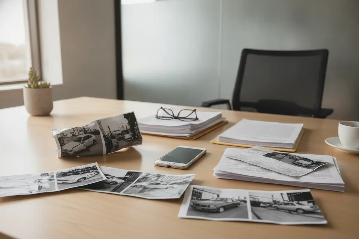 Photographs, witness notes, and medical records organized for a Fort Worth impaired-driver injury claim