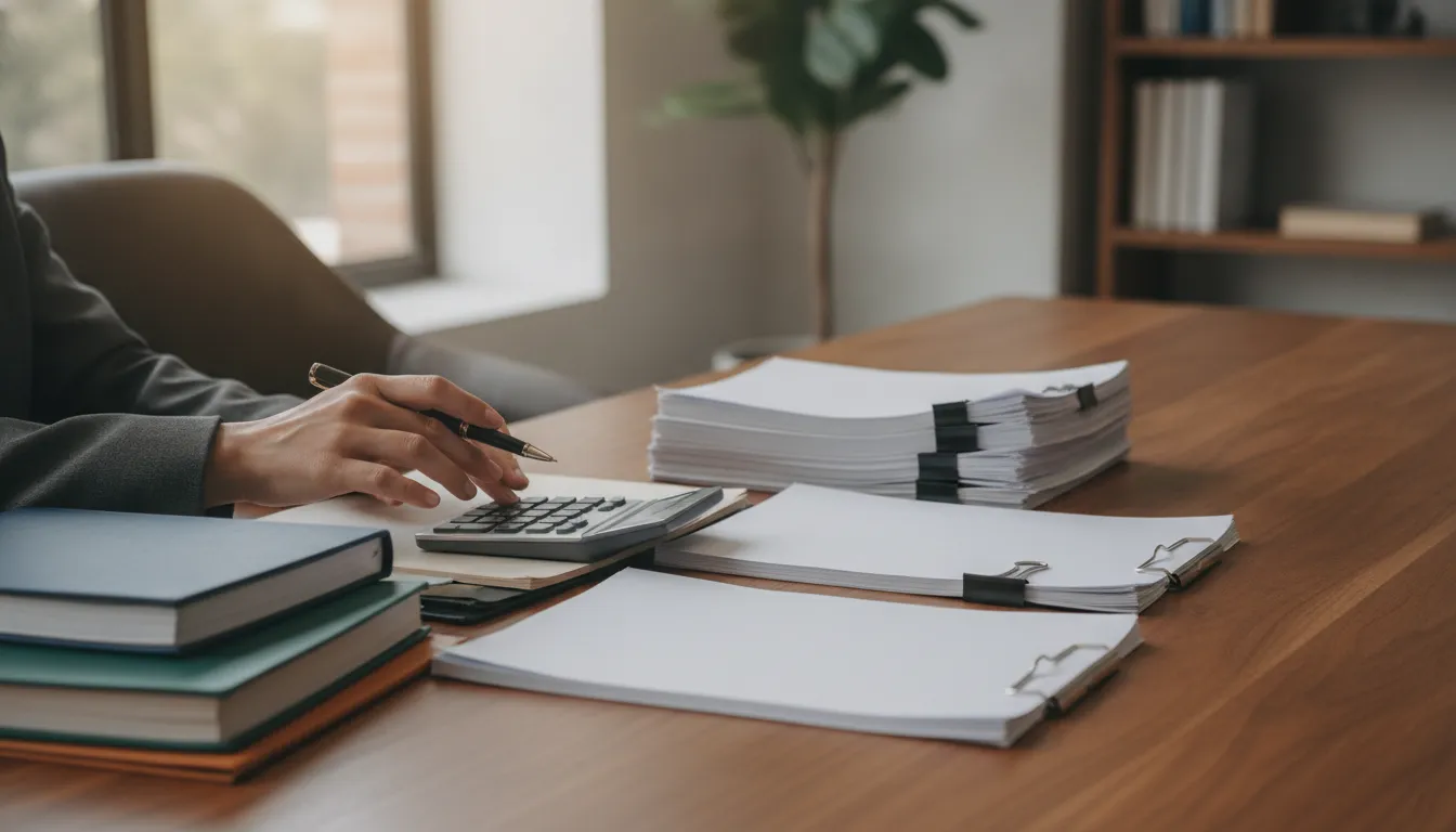 Business owner organizing accounting ledgers, bank statements, and distribution records