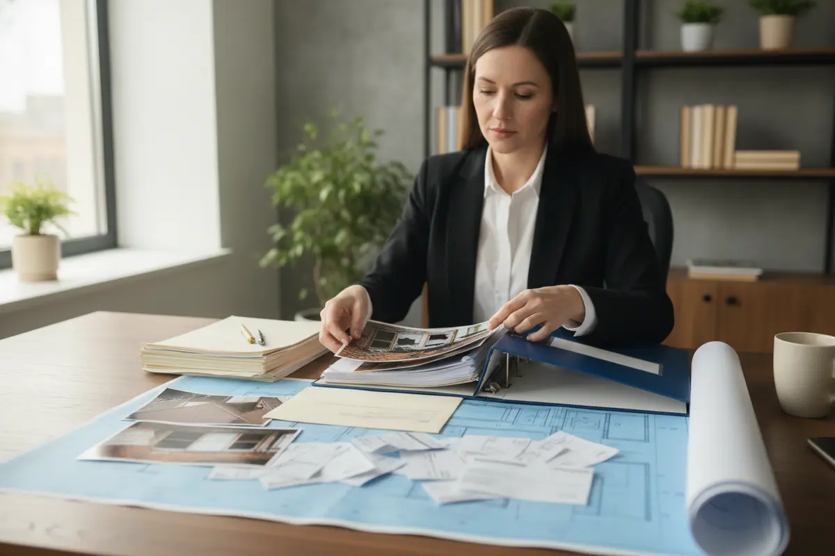 Property manager organizing building damage photographs, invoices, and an insurance letter