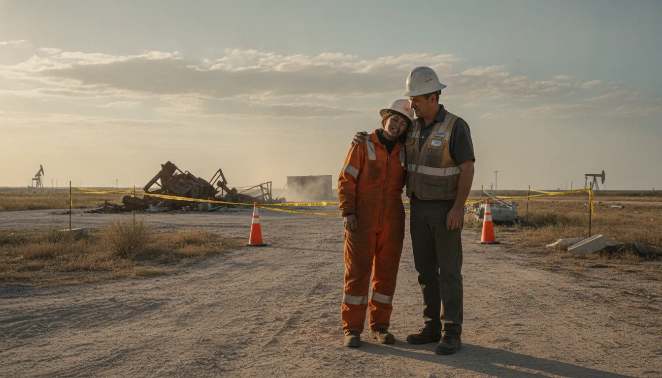 Workplace explosion injury attorney reviewing an industrial accident scene with a worker