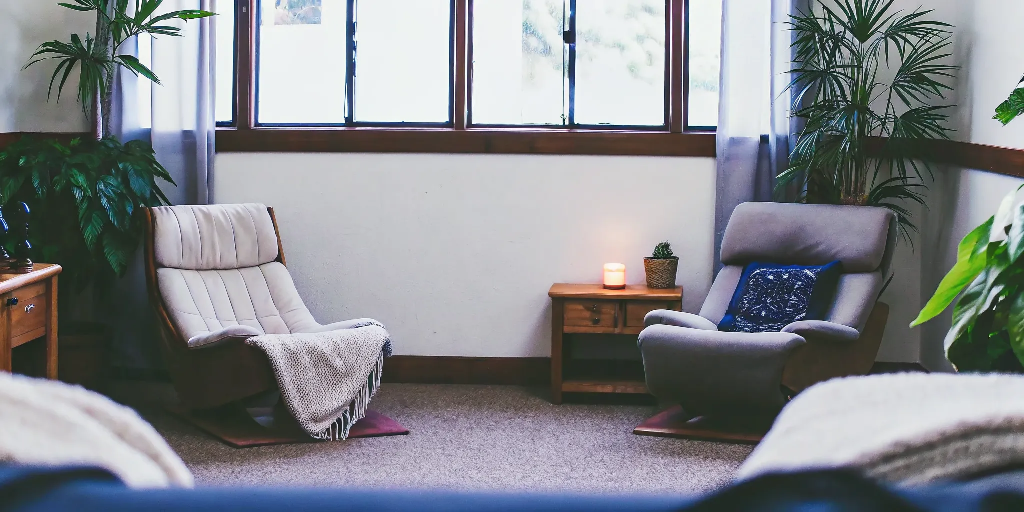 Warm therapy room with natural light and plants creating a safe healing environment for trauma-informed addiction treatment