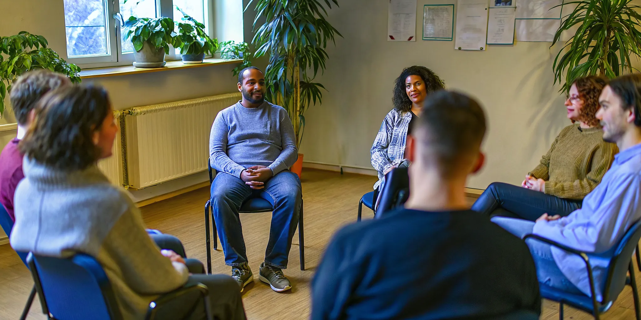 Diverse support group sitting in a circle at a recovery meeting