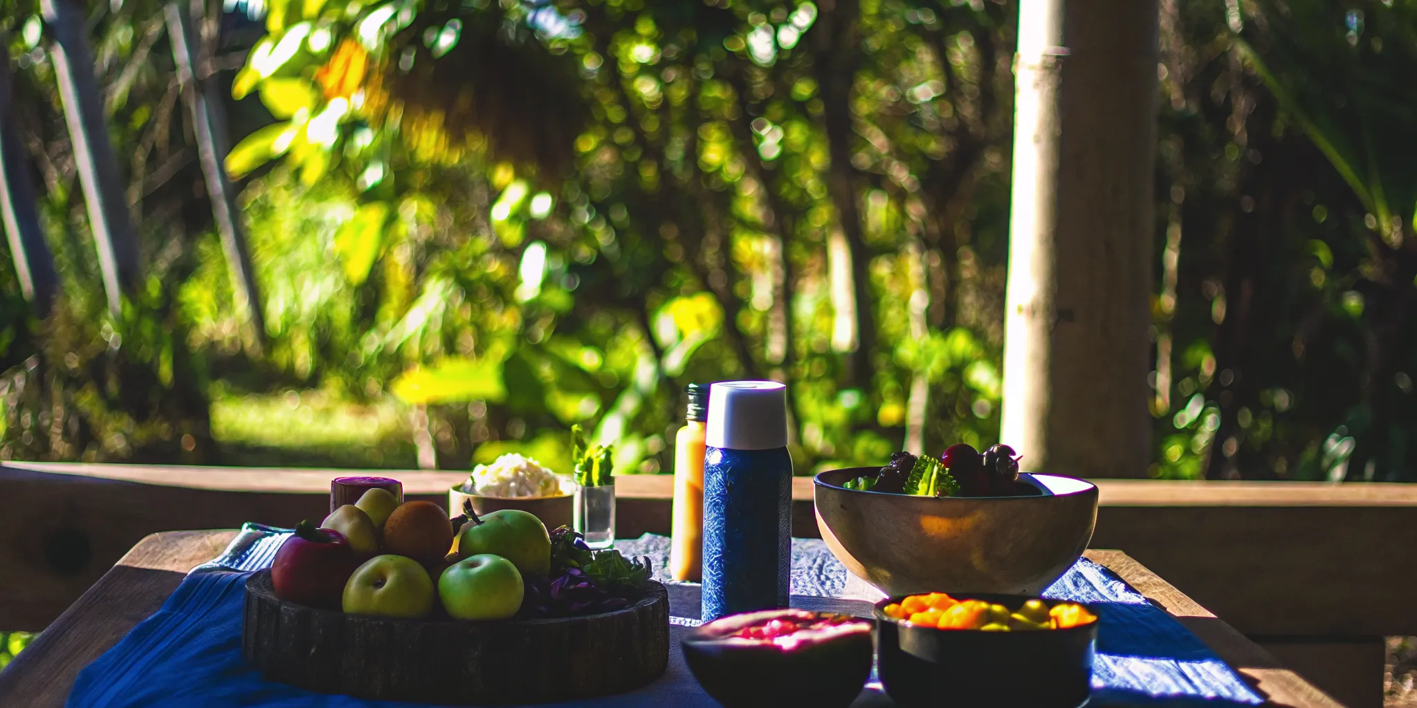 A table of fresh fruits, vegetables, and whole foods reflecting the nutritional focus of addiction recovery