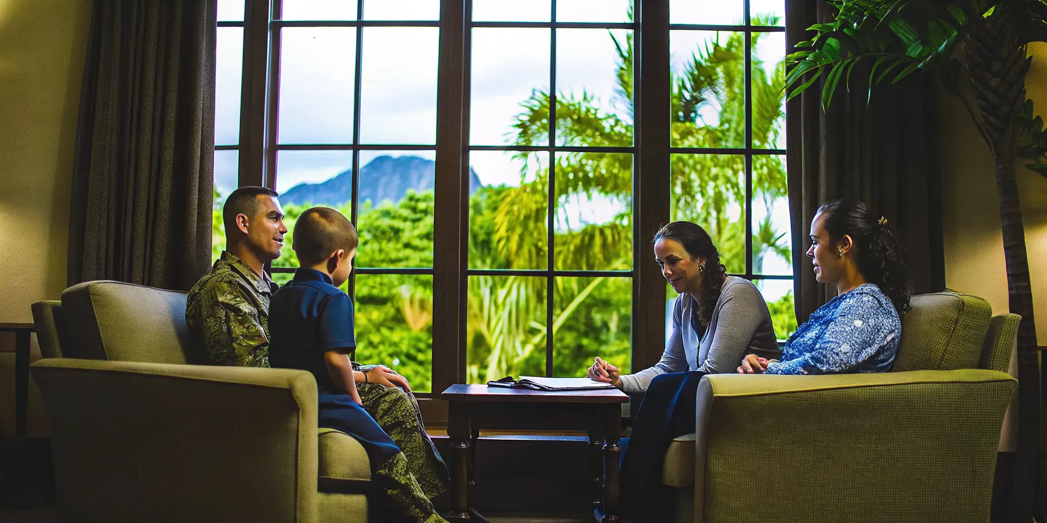 Military family sitting together in a therapy session at Mana Recovery Center in Maui
