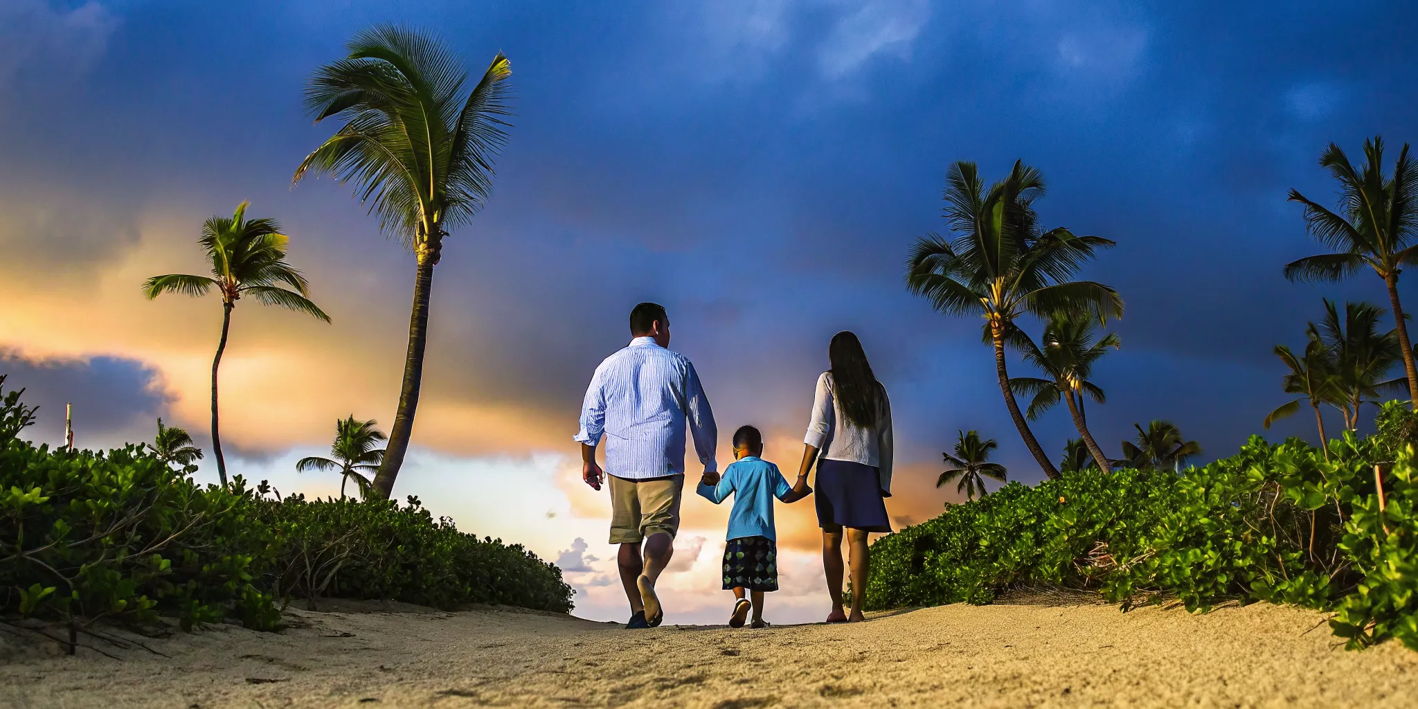 Family walking together on a Hawaiian beach at golden hour, symbolizing connection and support in addiction recovery