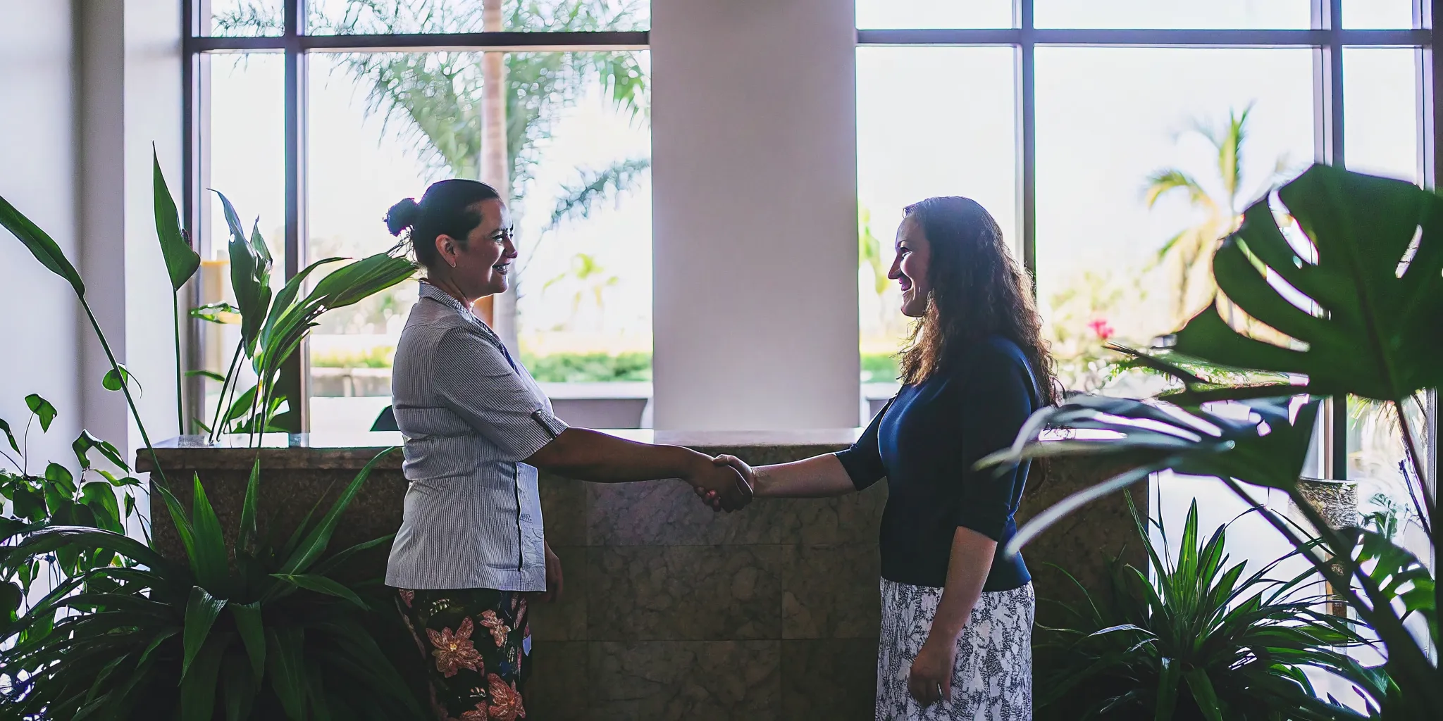 Admissions counselor greeting a family member at Mana Recovery