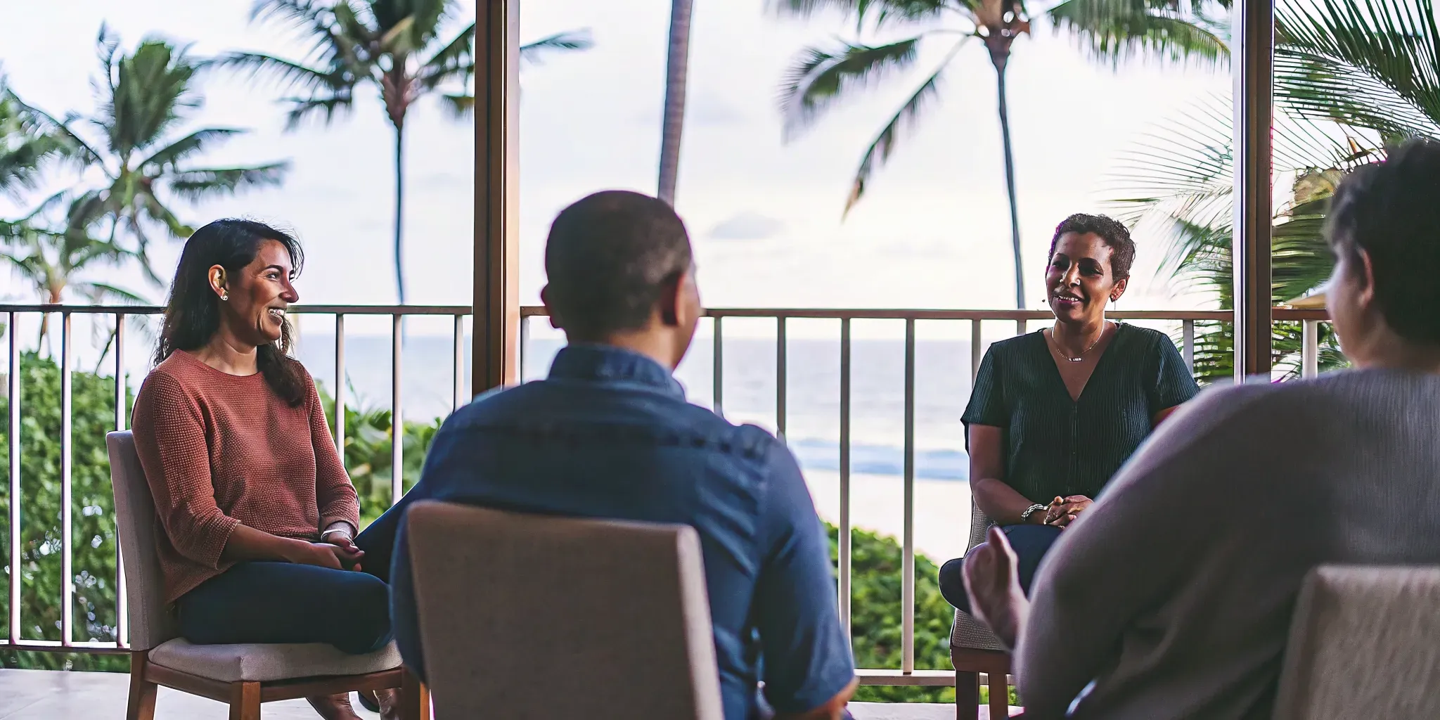 A group therapy circle in a bright Hawaii treatment center with natural light and ocean views through large windows