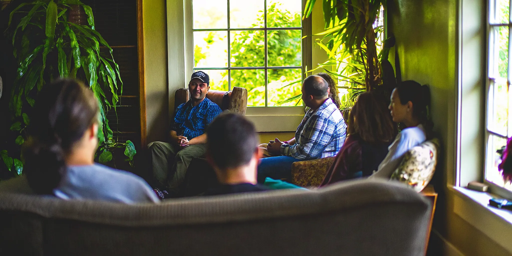 A small peer support group having a respectful recovery conversation in Hawaii
