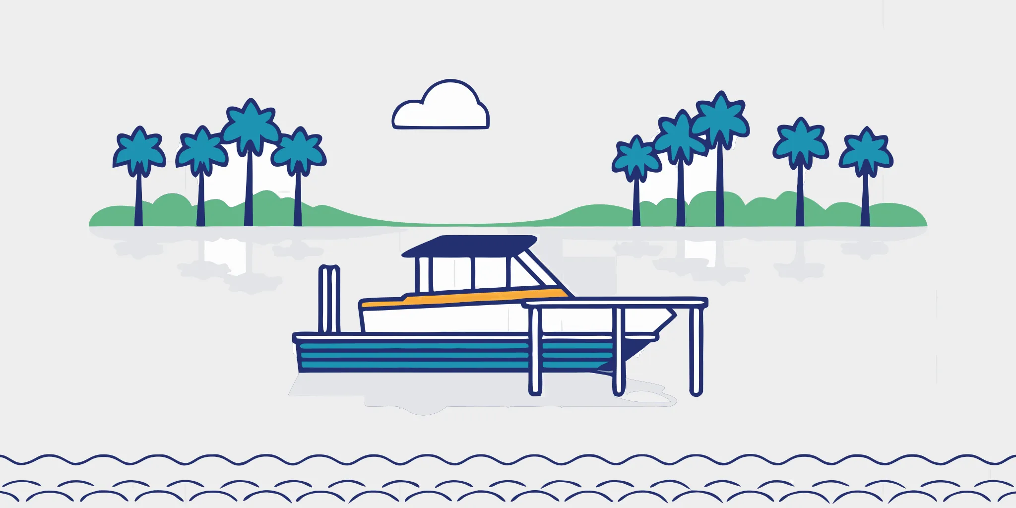 Recreational powerboat on a calm Central Florida lake near a wooden dock